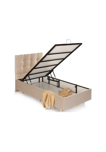 Azrayatakmobilya Yakut Tek Kişilik Yatak Baza Başlik Mdf+Profil+Özel Kumaş Krem