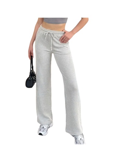 Yandan Cepli Beli Bağcıklı Su Yolu Kadın Çizgili Pantolon Gri