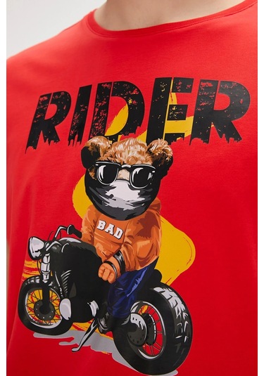 Bad Bear Fever Kırmızı Baskılı Erkek Tişört Siyah