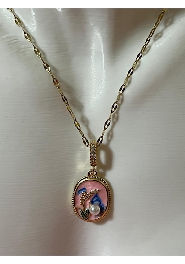 Vıntage Kabartmalı İncili Sanat Kolye Pembe Mineli 316l Çelik Renkli