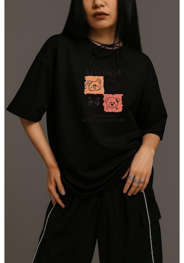 Ayıcık Baskılı Unisex Oversize Tişört SIYAH