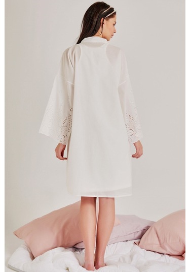 Magic Form 36110 Brodeli Kısa Kollu Pamuklu Sabahlıklı Hamile Lohusa Gecelik Takımı Ekru