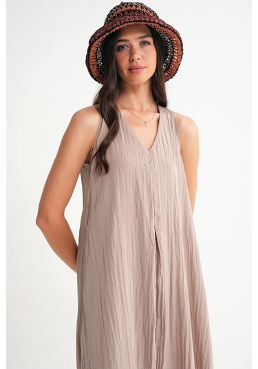 4700 Kadın V Yaka Önü Pileli Elbise Latte Latte