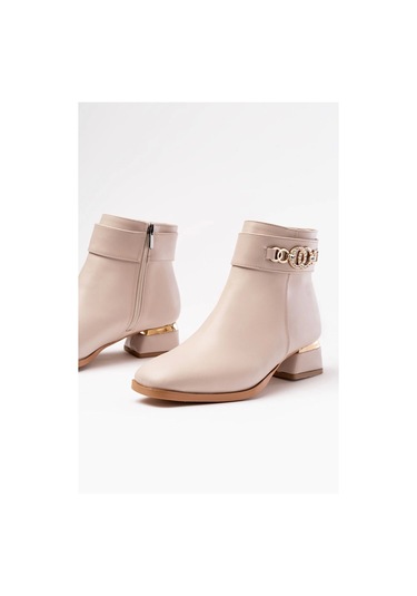 Rm-502 Bej Toka Aksesuarlı Topuklu Fermuarlı Günlük Kadın Bot Bej