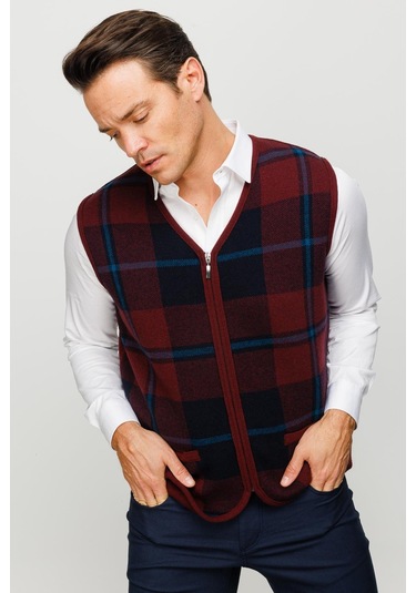 Erkek V Yaka Önü Kareli Yelek Bordo Bordo