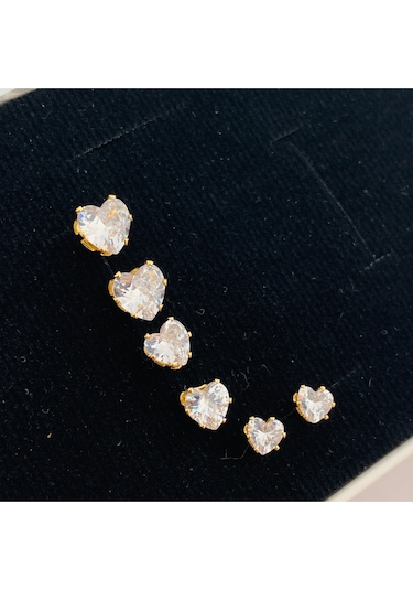 Tektaş Küpe Kalp Model Tektaş Üçlü Set Küpe Kararmaz Çelik Gold