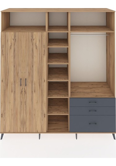 Kronos Dolap 9 Raflı 3 Çekmeceli 2 Askılı 220x59x243 Çam-çam/antrasit Atlas Çam/antrasıt