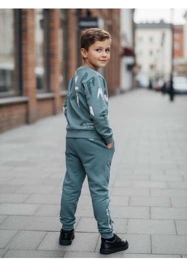 Zekids Erkek Çocuk Pamuklu Baskılı Eşofman Takım-16324 Mint Yeşili