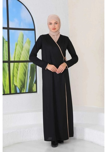 Pratik Rahat Yandan Bağlamalı Namaz Elbisesi Siyah-21011 Gül Kurusu