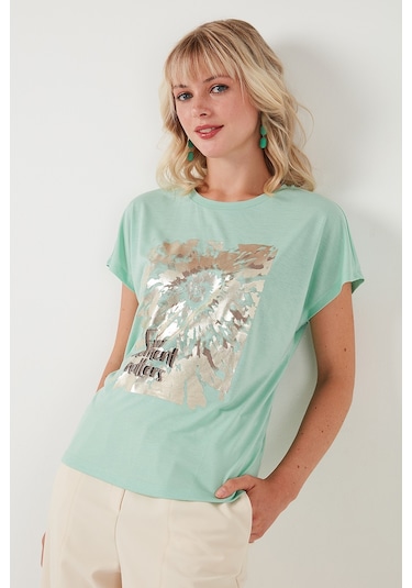 Lela Baskılı Bisiklet Yaka Regular Fit Bayan T Shirt 6671001 Mint
