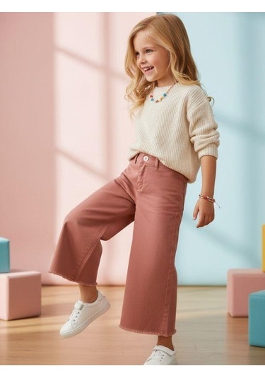 Zekids Kız Çocuk Pamuklu Paçaları Püsküllü Pantolon-16677 Somon