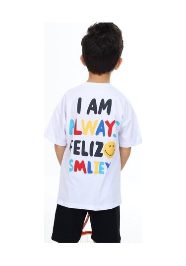 Erkek Çocuk Gülen Yüz Baskılı Tshirt-14166 Beyaz