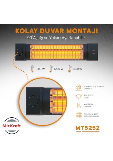 Mirkraft MT-5252 1800 W 3 Kademe Quartz Elektrikli Isıtıcı