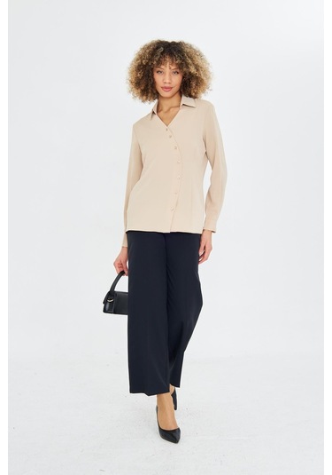 Asimetrik Pile Detay Gömlek Bej Bej