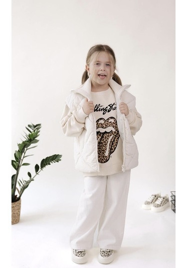 Kız Çocuk Yeni Sezon Leopar Desen Açık Kahve - Bej Renk Rolling Sweatshirt Krem