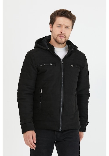 Erkek Siyah Dar Kesim Kapüşonlu Kalın Kumaş Süet Mont Siyah
