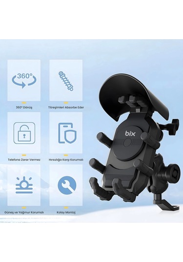 Ayna Bağlantılı Güneş Ve Yağmur Korumalı 360 Derece Ayarlanabilir Motosiklet Telefon Tutucu Renkli
