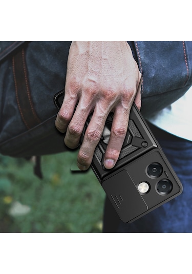 Teknomoda Oppo A3 Kılıf Yüzüklü Standlı Sürgülü Kamera Korumalı Tank Sert Silikon Kapak Siyah