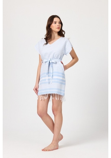 Mulberry Katya Plaj Elbisesi Tunik Pareo %100 Pamuk Mavi