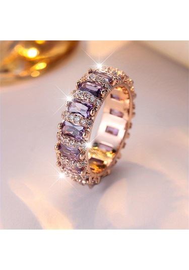 1 Adet Lüks Gül Altın Rengi Mor Zirkon Pençe Yüzükler Nişan Yüzükleri Düğün Band Sevgililer Günü Hediyesi 9 Rose Gold