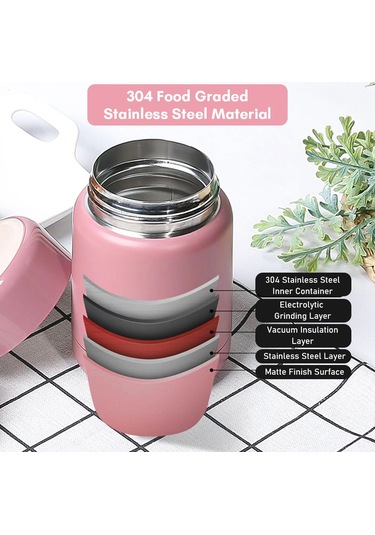Padalink 304 Çelik Termos Kavanoz, 300ml Kapasite, Çocuklar İçin Isı Saklama, Pembe Rengi GÜMÜŞ
