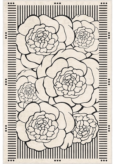 Zeminde Çizgisel Bahar Siyah Beyaz Çiçekli Kaymaz Taban Halı Siyah - Beyaz