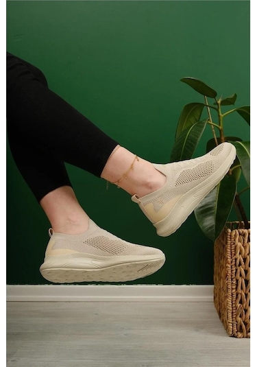 Günlük Kadın Erkek Unisex Sneaker Triko Nefes Alabilen Yürüyüş Bağcıksız Esnek Spor Ayakkabı Bej