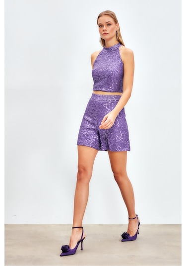 Sateen Payet Detaylı Şort - Mor