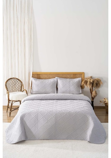 Edda Gri Nakışlı Çift Kişilik Yatak Örtüsü Takımı 3 Parça Uyku Seti Gri