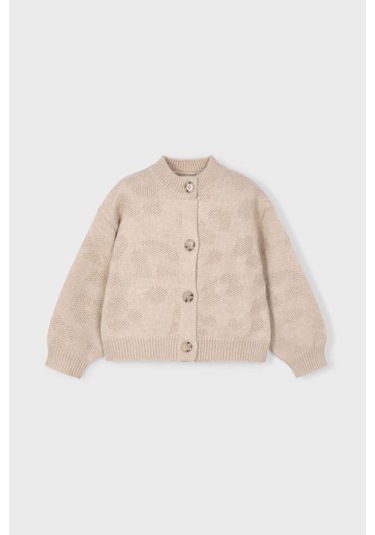 Kız Çocuk Balon Kol Jakar Desenli Triko Hırka - Bej Krem