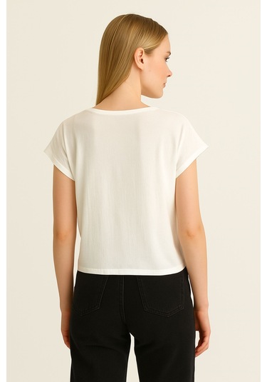 Kadın Beyaz Bisiklet Yaka Basic Kısa Kollu Bluz, Kadın Bluz Beyaz