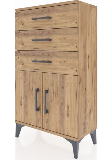 Arges Komodin Tek Raflı 3 Çekmeceli 2 Kapaklı 60x30x106 Çam-çam Çam