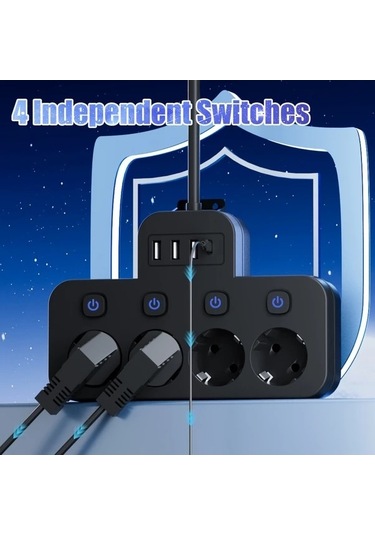 Besthome1 8 Adet Güç Şeridi 4 Ac Çıkışı 3 Usb 1 Type-c Siyah Kısa Kablo Bağımsız Anahtar
