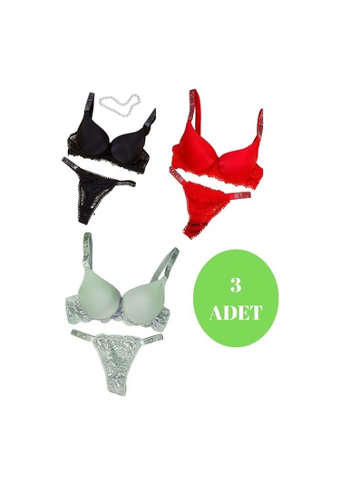 Murays Kadın 3lü Taşlı Mikro Sütyen Takım Siyah/kırmızı/yeşil