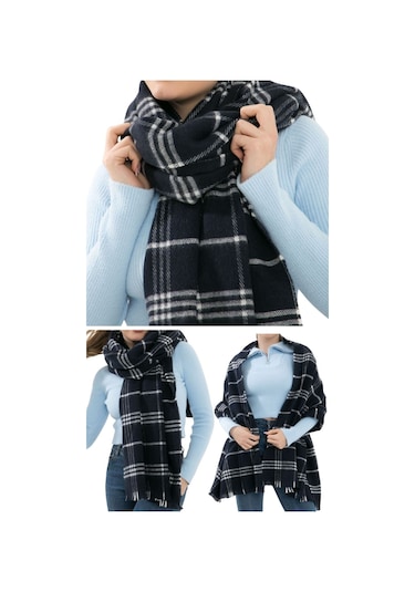 Yumuşak Dokulu Kışlık Desenli Atkı Omuz Şalı Açık Lacivert