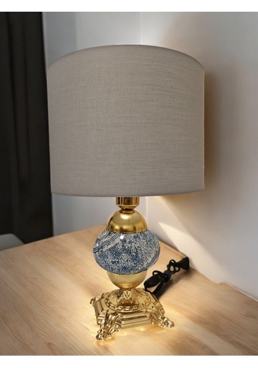 Altın Detaylı Desenli Dekoratif Abajur - Krem Rengi Krem Rengi Krem