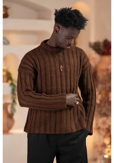 Oversize Kendinden Çizgili Pamuklu Kalın Triko Spor Kazak Kahverengi