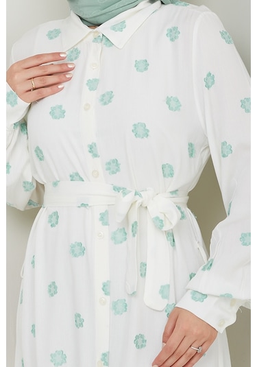 Anif Çiçek Desen Kemerli Elbise 1554 - Mint Mint