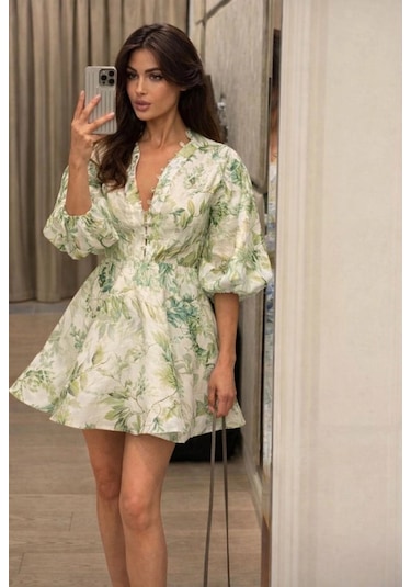 Asprinfashion Kaplama Düğme Detaylı Keten Elbise Yeşil