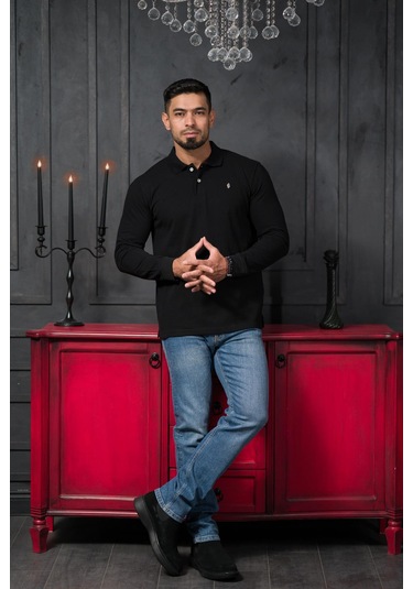 San&fa Regular Fit Polo Yaka Uzun Kol Pamuklu Baharlık Sweatshirt Siyah