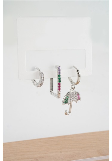 By Zeyna Aksesuar Kadın Vip Seri Zirkon Taşlı 3'lü Küpe-4597 Gümüş