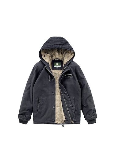 Ikkb Kışlık Erkek Gündelik Kalınlaşmış Sıcak Kapüşonlu Ceket Kaban Siyah