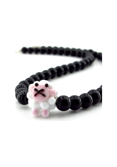 Solfera Kuzucuk Figürlü Siyah Oniks Doğal Taş Kadın Kolye Q0597 Yeşil