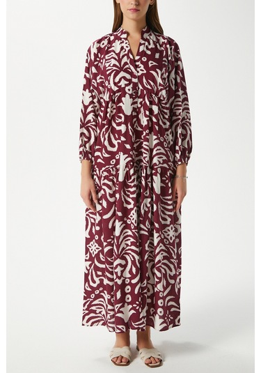 Prive Kadın Showy Bordo %100 Viskon Maksi Boy Elbise Bordo - Krem