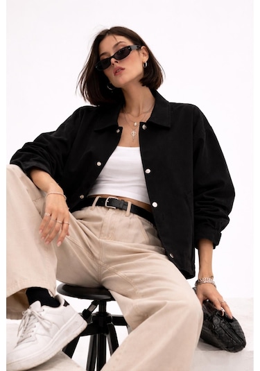 Kadın Oversize Basic Gabardin Mevsimlik Polo Yaka Ceket-385 Siyah