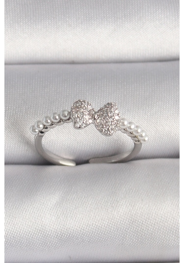 Forwhat Zarif Kadın İçin Silver Pirinç Zirkonlu Fiyonk İncili Ayarlı Yüzük Kahverengi