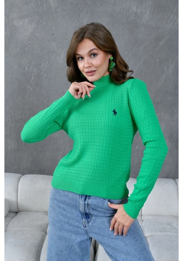 Kadın Dik Yaka Saç Örgü Nakış Detaylı Triko Kazak Yeşil