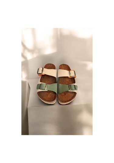 Bej Multi Hakiki Deri Nubuk Çift Bant Tokalı Mantar Taban Terlik Çok Renkli