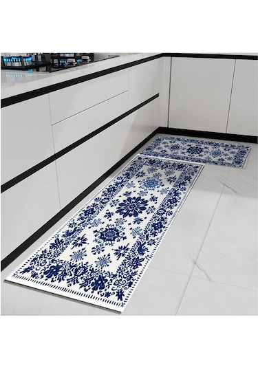 Mavi Vintage Çiçekler Yumuşak Mutfak Halısı Yorgunluk Önleyici Mutfak Halısı Su Geçirmez K Seti Koşucu Halı Mutfak Halısı 56864884
