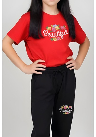 Beautiful Baskılı Kız Çocuk Tişört Ve Eşofman Alt-üst Takım Kırmızı
